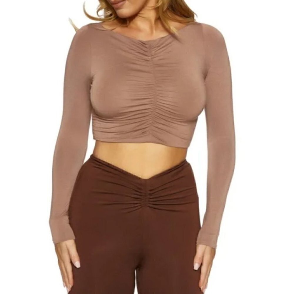 NEW Naked Wardrobe Size M Ruched Long Sleeve Crop Top in Coco